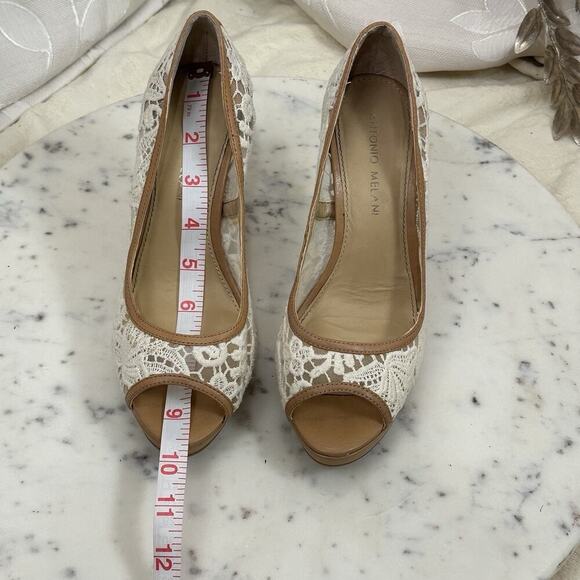 Antonio Melani | Women’s 7.5 | Cream Lace Peep-Toe Heels | Bridal Boho Chic - Picture 13 of 17